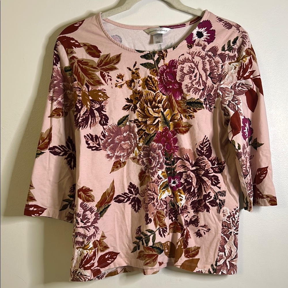 Christopher & Banks floral s large top 3/4 sleeves bold print pinks cottage core